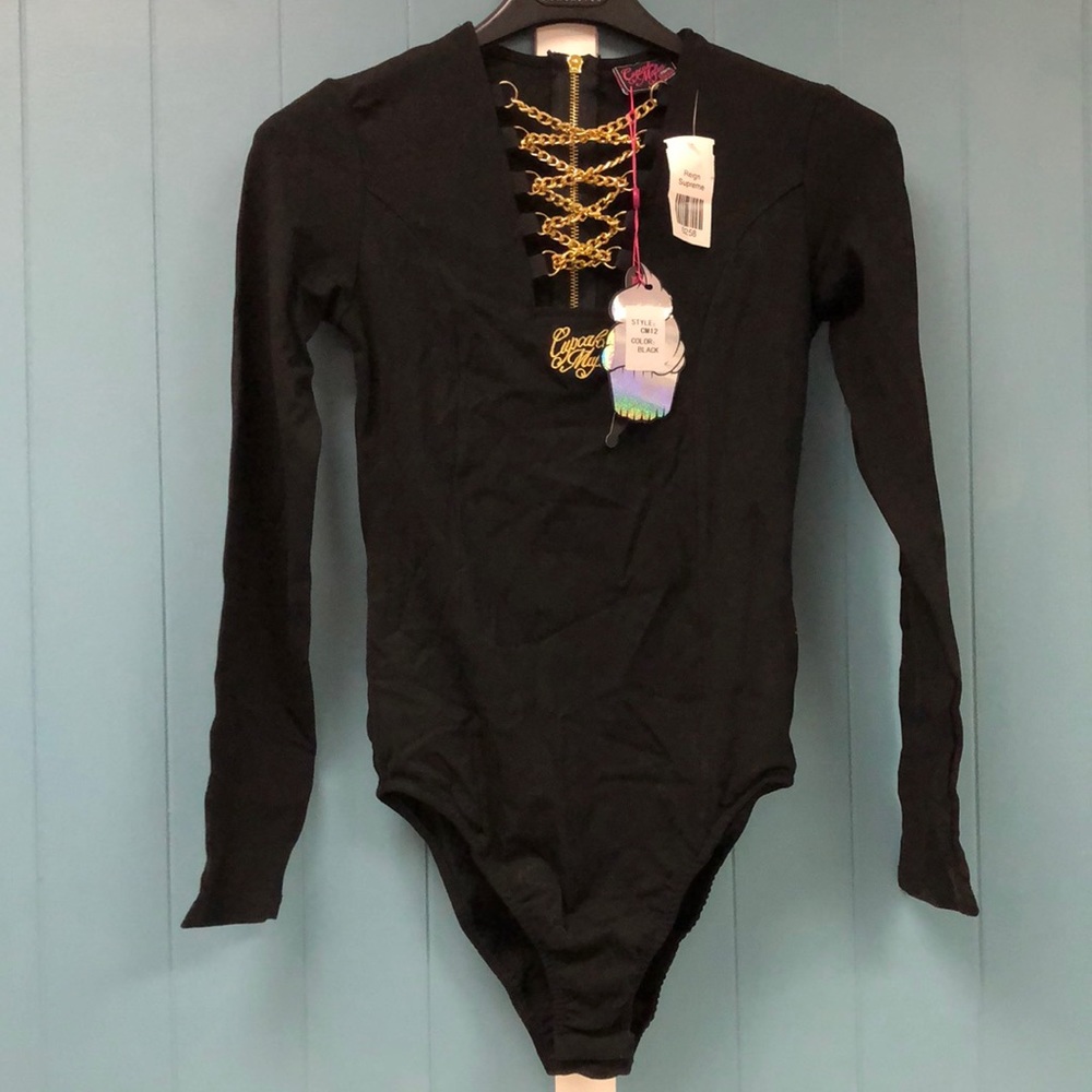 Cupcake Mafia black stretchy bodysuit w/ gold chain women’s size L Reign Supreme